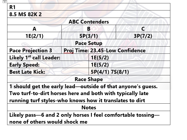 Example SmartHorsePicks race card showing ABC contenders, pace setup, race shape, and fair odds.
